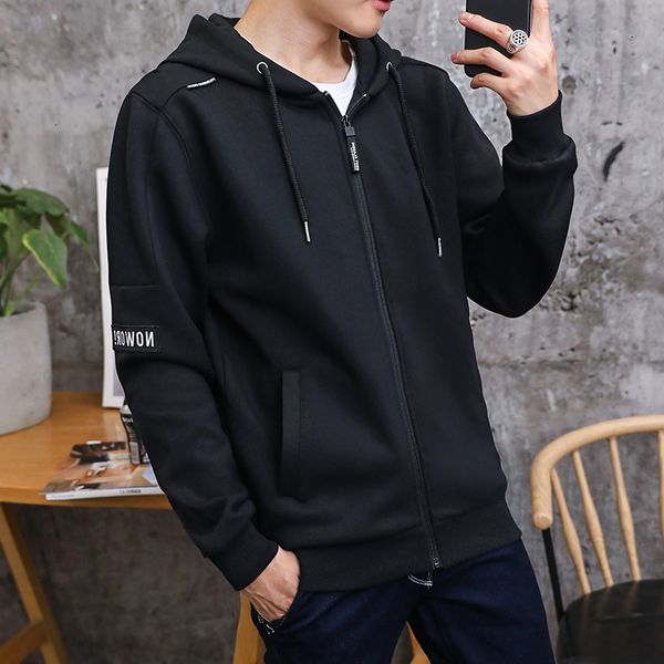 

hooded sweater men's zipper cardigan jaet casual men's solid color sweater, Black