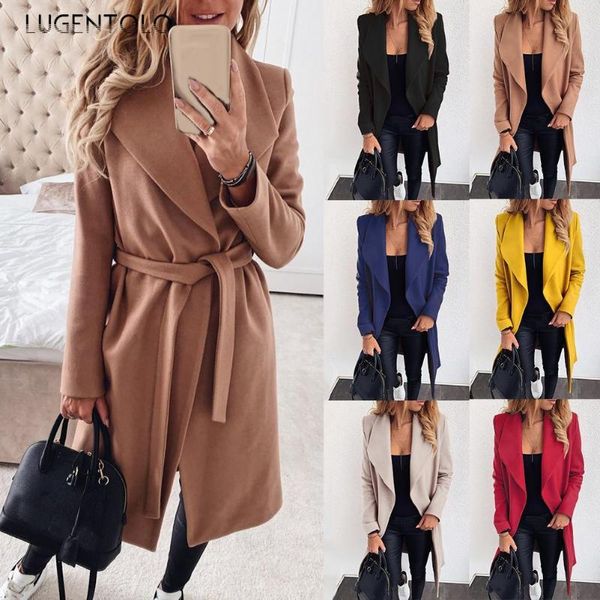 

lugentolo women blends coat cardigan lace-up lapel solid loose simple spring autumn female fashion casual women's wool &, Black