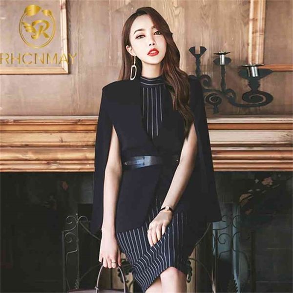 

women spring fashion 2 piece sleeveless stripe dress suit business black cloak coat shawl two-piece sets belt 210506, White