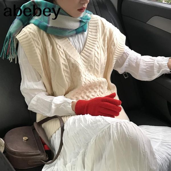 

women's vests 2 colors 2021 autumn and winter knitted vintage v neck twist vest sweaters womens pullovers (c8528), Black;white