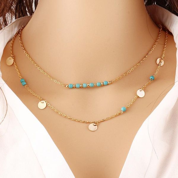 

pendant necklaces double layer coin necklace bohemia blue beads round sequins choker on neck chain jewelry, Silver