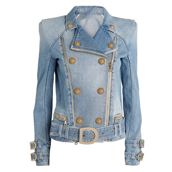 

est 2021 designer fashion women's lion buttons denim motorcycle biker jacket jackets, Black;brown