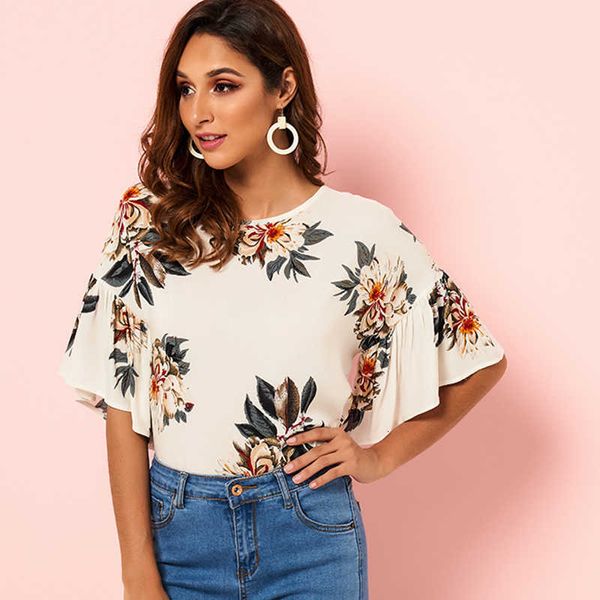 

women's t-shirt summer class fashion sweet and loose round neck lotus leaf sleeve floral comfortable cotton blouse 0in4, White