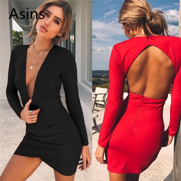 

casual dresses asins nightclub dress 2021 spring women fashion deep v neck open back solid long sleeve high waist slim, Black;gray
