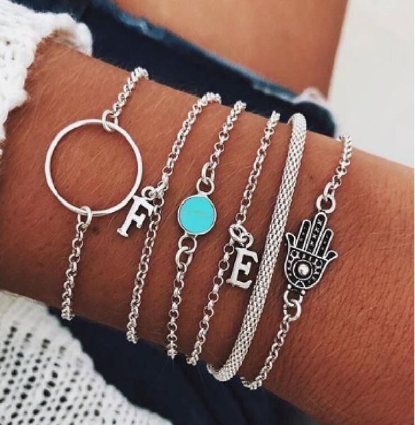 

link, chain 6pcs/set creative bracelet set ef letter circle palm, Black