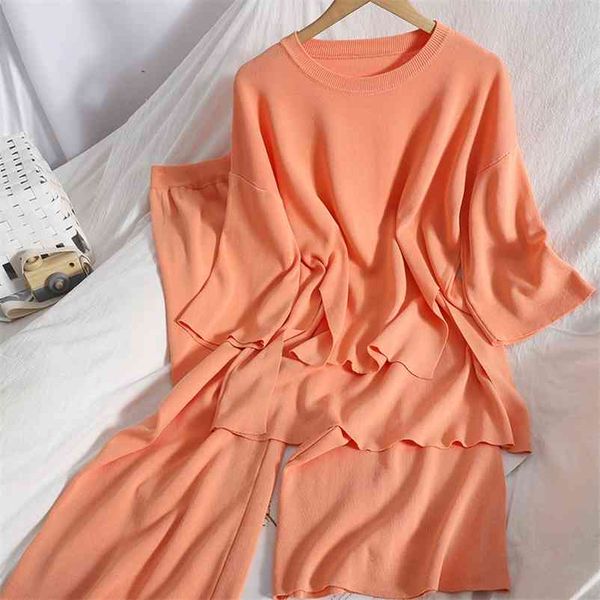 

women 2 piece set short front and back long slit korean with thin loose wide-leg pants spring knitted two-piece female half 210727, White