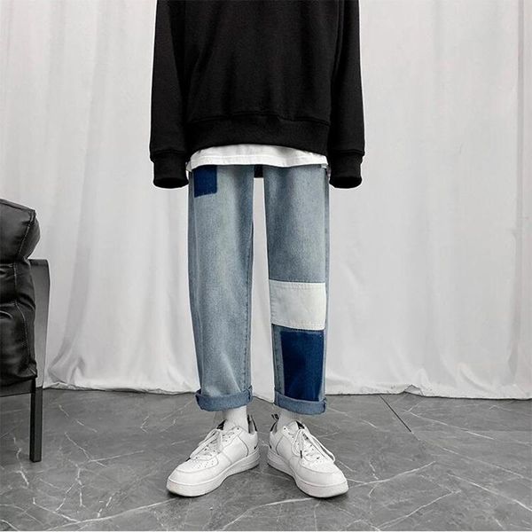 

men's jeans retro patch korean autumn hong kong style loose trend youth wild casual straight wide legs, Blue