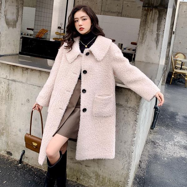 

women's fur & faux fashion solid color sheep shearing long coat jacket women female wool loose sigle breasted overcoat warm outwear for, Black