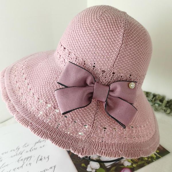 

wide brim hats ladies summer sunshade big straw hat bowknot cotton and linen wild beach uv protection, Blue;gray