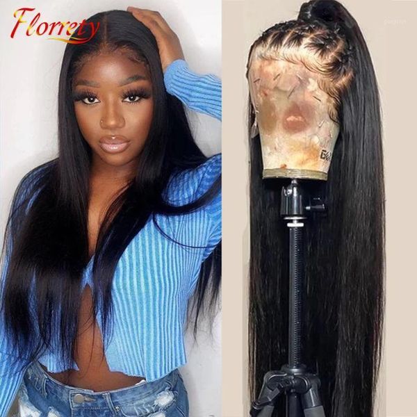 

florrety 13x4 lace front human hair wigs pre plucked brazilian straight wig 180% frontal 4x4 closure1, Black;brown