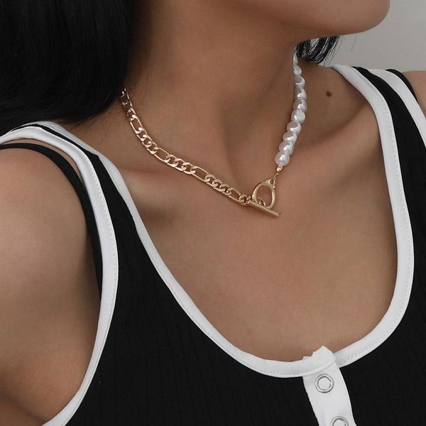 

chokers trendy pearls choker necklace for women figaro link fashion collar female asymmety toggle clasp adjustable length 38cm, Golden;silver