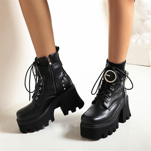 

boots pxelena buckle rivet platform punk gothic women chunky block high heels combat military motorcycle cosplay creepers, Black
