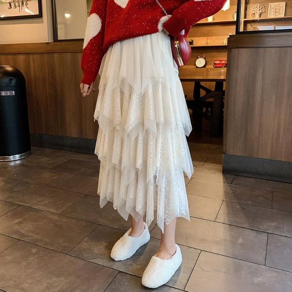 

skirts woman lace skirt pure white asymmetrical mid-calf winter simple long women korean style, Black