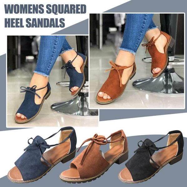 

women sandals ladies squared heel solid bowkont casual lace up peep toe shoes breathable summer beach plus size, Black