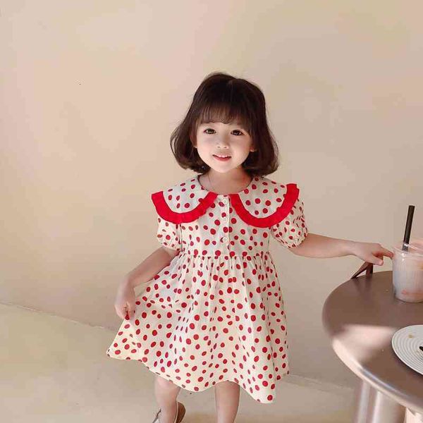 

summer baby girls cute girl dresses dot printed trun down collar princess fashion short sleeve casual dress, Red;yellow