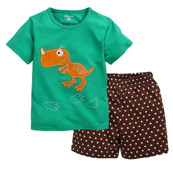 Yeşil T-shirt Dino Yıldız Erkek Şort Yaz Giyim Setleri Erkek Bebek Pijama Takım Elbise Pamuk Çocuk Kıyafetler 100% C 210413