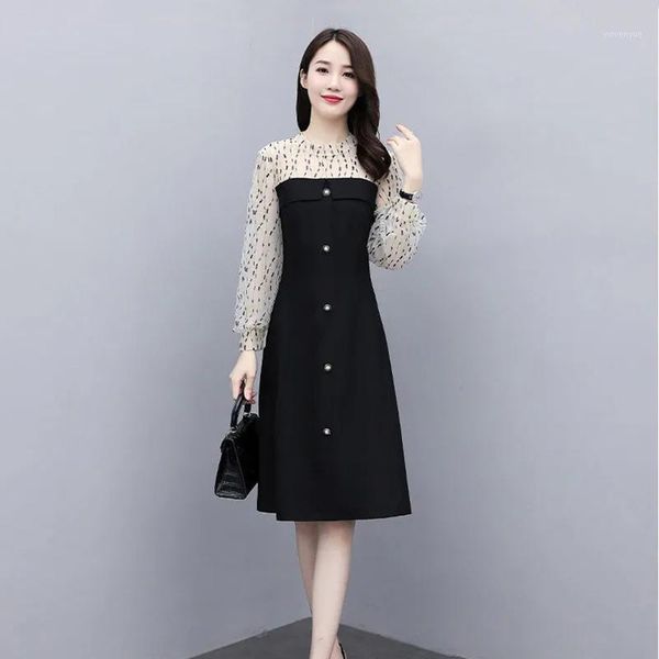 

spring patchwork print mesh black dress women plus size 4xl office lady lantern sleeve a-line elegant knee-length dresses casual, Black;gray
