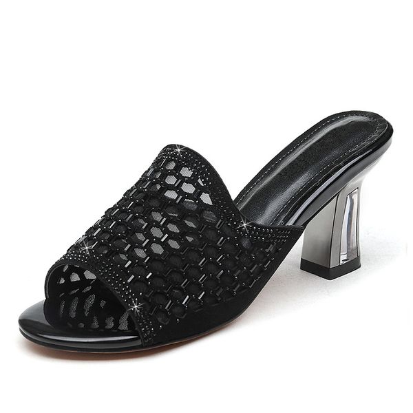 

Classics Fashion Summer Black Sides Women Slippers Pu Leather Strange Style High Heels Shoes Cutout Party Shoes For Woman I0169