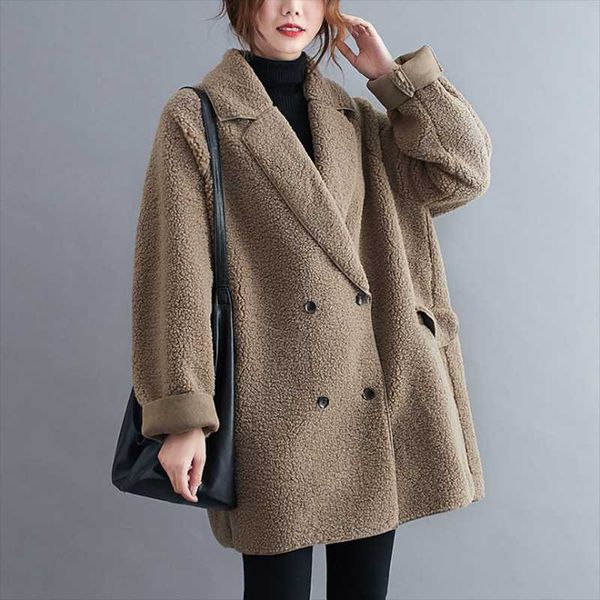 

women's jackets oversize loose female jacket 2021 autumn winter thick mid-length wool coat fleece double-breasted, Black;brown