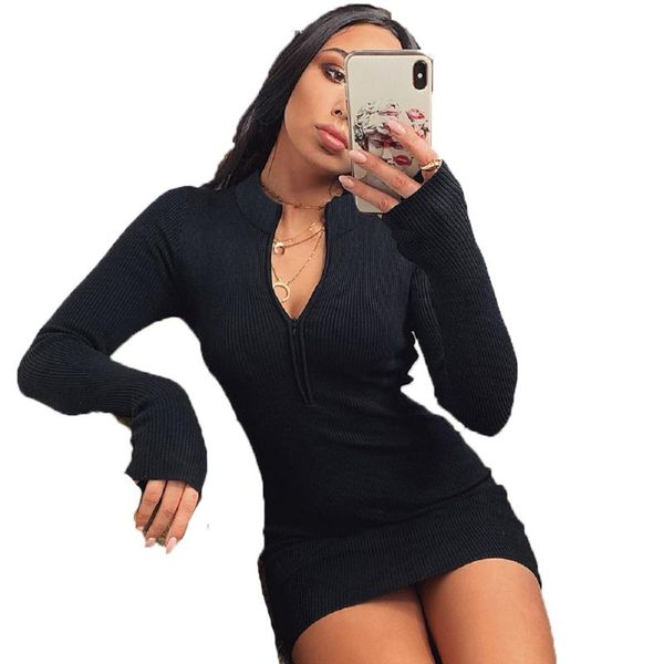 

casual dresses women's long sleeve dress autumn solid zip-up v-neck slim club bodycorn mini patry streetwear sheath, Black;gray