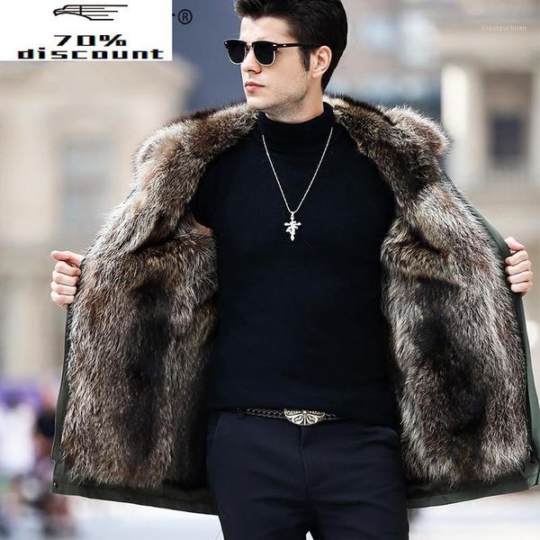 

men's leather & faux real fur coat men parka winter jacket natural raccoon liner long warm hooded parkas hombre outerwear 92026, Black