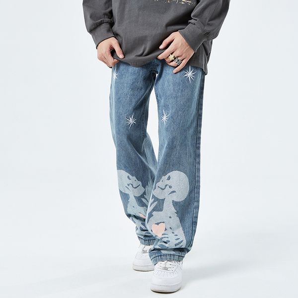 

embroidery washed jeans men pants high street oversize straight ripped baggy couple denim trousers casual, Blue