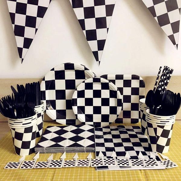 

disposable dinnerware black and white lattice grid plaid theme tableware sets for birthday event holiday wedding party decoration supplies