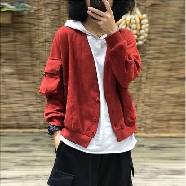 

autumn style arts women long sleeve with low-v low-cut cut jacket single breasted large pocket cotton casual jackets m690, Black;brown