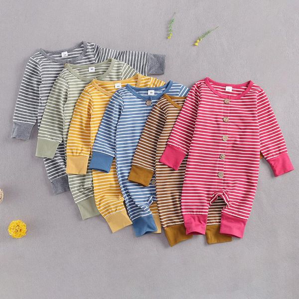 

jumpsuits 2021 0-12m infant baby boy girl fall jumpsuit striped long sleeve button romper cotton clohtes born one piece, Blue