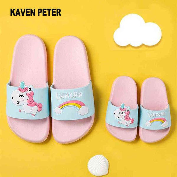 

parent-child slippers cartoon rainbow unicorn slippers baby boy girl children summer beach sandals kids indoor home shoes 211119, Black;grey