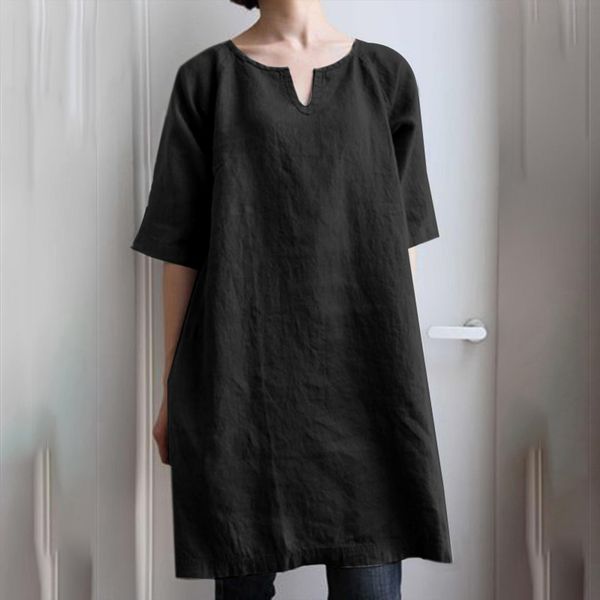 

40 v neck loose womens dress cotton and line half sleeve solid color dresses for vintage holiday shirt vestidos, Black;gray