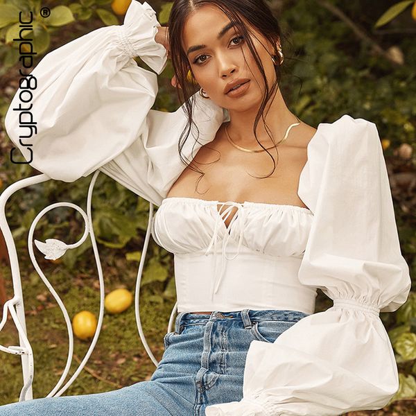 

elegant square collar puff sleeve vintage and blouses women summer shirts cropped short tie front clotheshigh quality, White