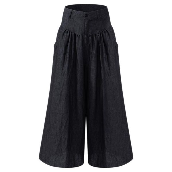

women's pants & capris women high waist loose pleated denim wide leg casual pockets solid plus size trousers black 5xl, Black;white