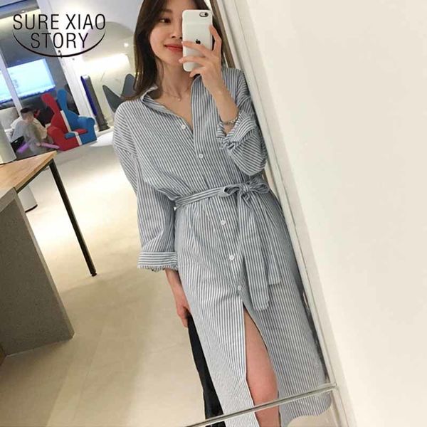 

elegant casual striped shirt blouse wasit belt plus size women spring ladies loose midi dress single breated 8777 50 210417, Black;gray
