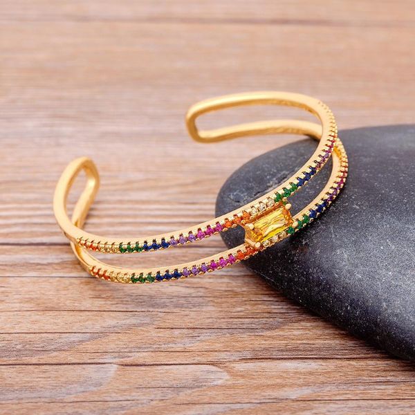 

bangle fashion design hollow double layer open cuff rainbow bangles copper zircon women luxury party wedding adjustable jewelry gifts, Black