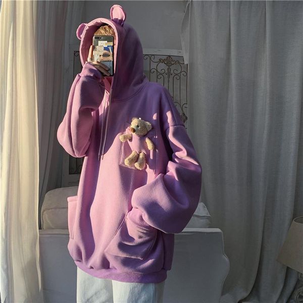 

men's hoodies & sweatshirts bear sweater hooded autumn winter clothes plus velvet trend thick coat tide ins loose korean couple men, Black