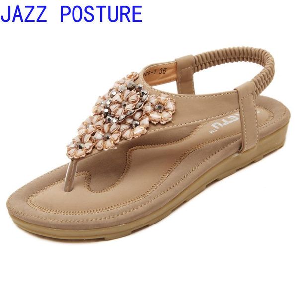 

women's vacation beach seaside korean version of boho flowers rhinestone student flat sandals plus size q438, Black