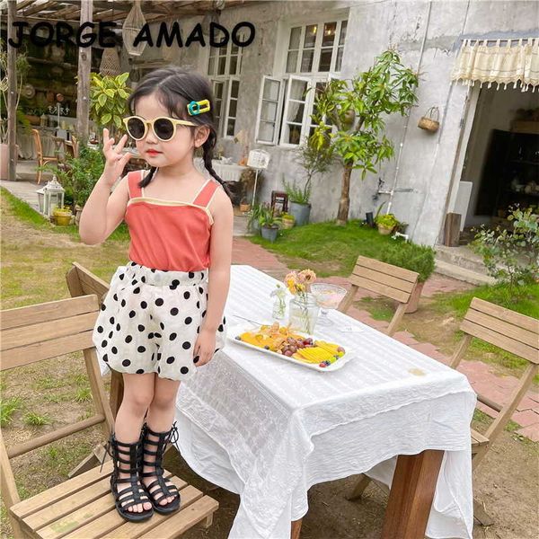 Estilo coreano verão crianças menina 2-pcs conjuntos de candy cor sling colete + polka dot shorts de abóbora crianças e3028 210610