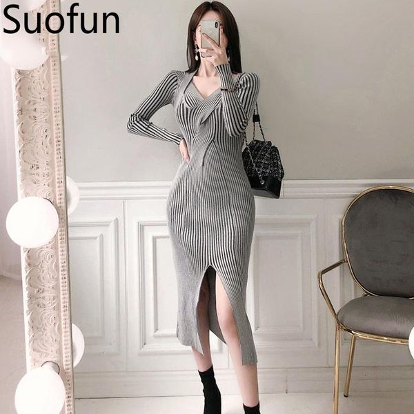 

casual dresses suofun sheath irregular striped knitting v-neck thin 2021 spring brand gentle wind women clothes sweater, Black;gray