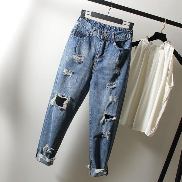 

women's jeans ripped hole for women clothes casual stretch high waist denim pants female loose straight plus size mom q24951 khhj, Blue