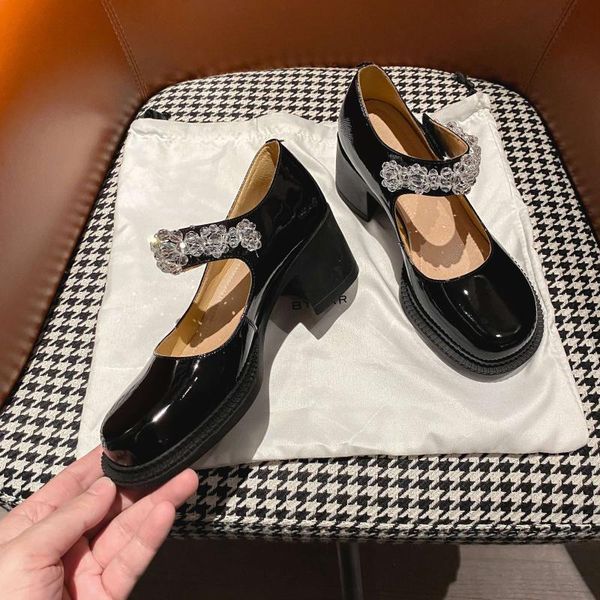 

cow patent leather round toe high heels mary janes korean street pretty girls dating charming hook women pumps l02 dress shoes, Black