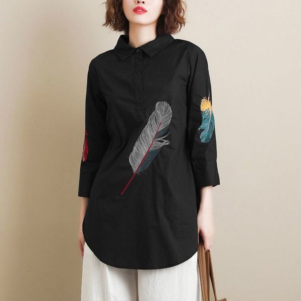 

shirts 100% female shirt plus size spring summer 3/4 casual sleeve long sleeves embroidered women's d87, White