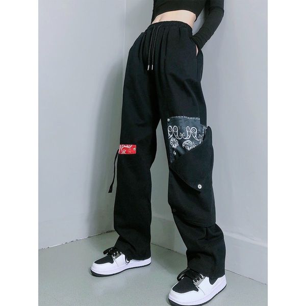 

skirts high waist women pants patchwork casual trousers female loose wide leg hip hop street woman cargo vintage streetwear sdvn, Black