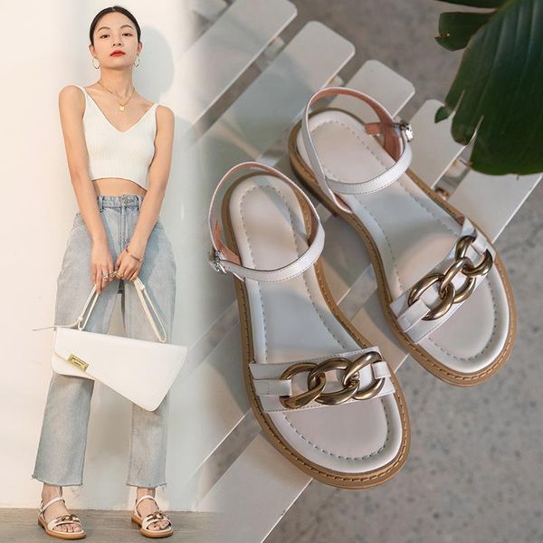 

punk summer women sandals metal chain 2021 fashion buckles low heels sandal for party office lady shoes woman, Black