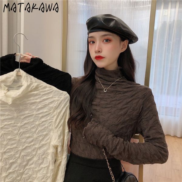 

matakawa turtleneck bottoming shirt women spring wear folds women blouses long-sleeved clothes blusas mujer de moda 210513, White