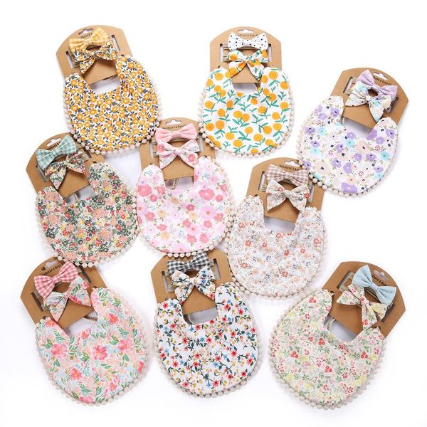 

hair accessories 1set baby boy girls bibs & headband floral dot plain print tassel dinner saliva towel vintage double side clothing, Slivery;white