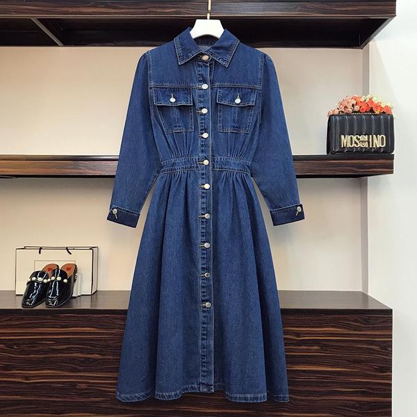 

casual dresses large size spring womens denim long sleeve dress 2021 fashion elastic waist pockets button a-line chic slim jeans, Black;gray