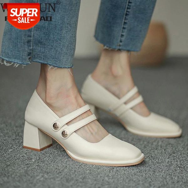 

2021 autumn new black pu leather mary jane pumps women buckle square toe shoes woman med thick heels single ladies #vj1q