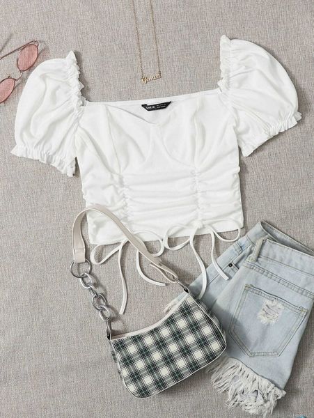 

puff sleeve drawstring knot front 74oi#, White