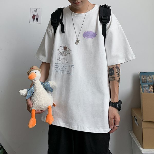 

summer 2021 men's t-shirts cloth trend loose and versatile t-shirt short fashion brand handsome half sve, White;black